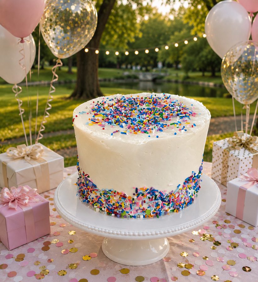 Round white cake covered in rainbow sprinkles
